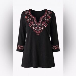 Chic Black V-Neck Boho Tunic Embroidered Crystal Rhinestones ¾ Sleeves